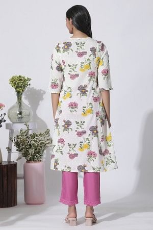 White Floral Printed A-Line Textured Cotton Kurta - Image 4