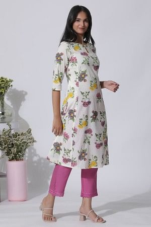 White Floral Printed A-Line Textured Cotton Kurta - Image 5