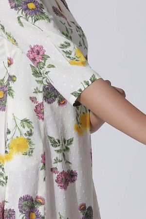 White Floral Printed A-Line Textured Cotton Kurta - Image 7