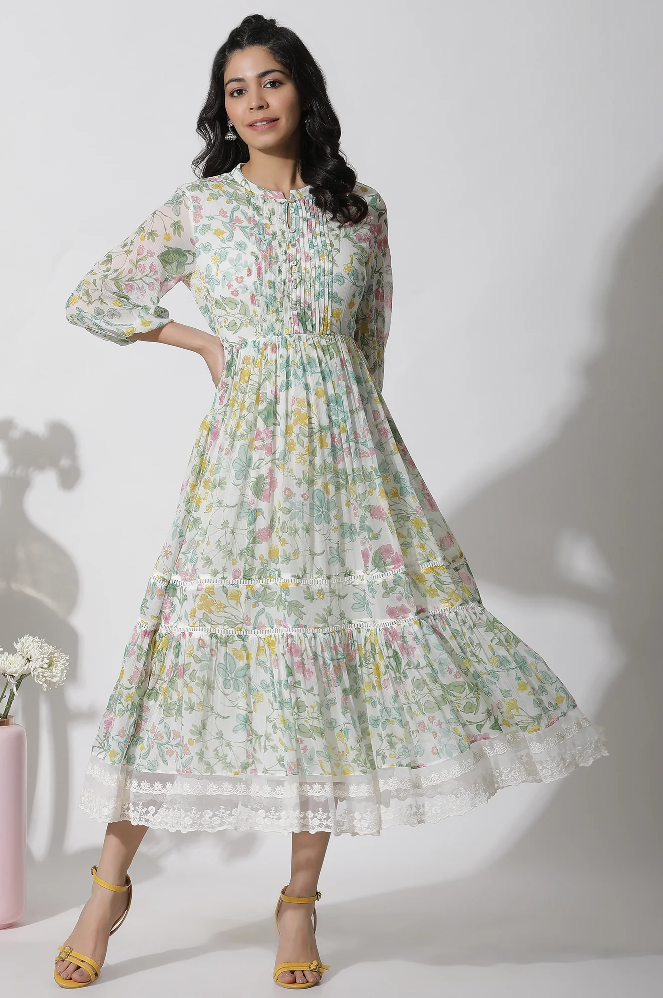 White Floral Printed Chiffon Tiered Dress - Image 2