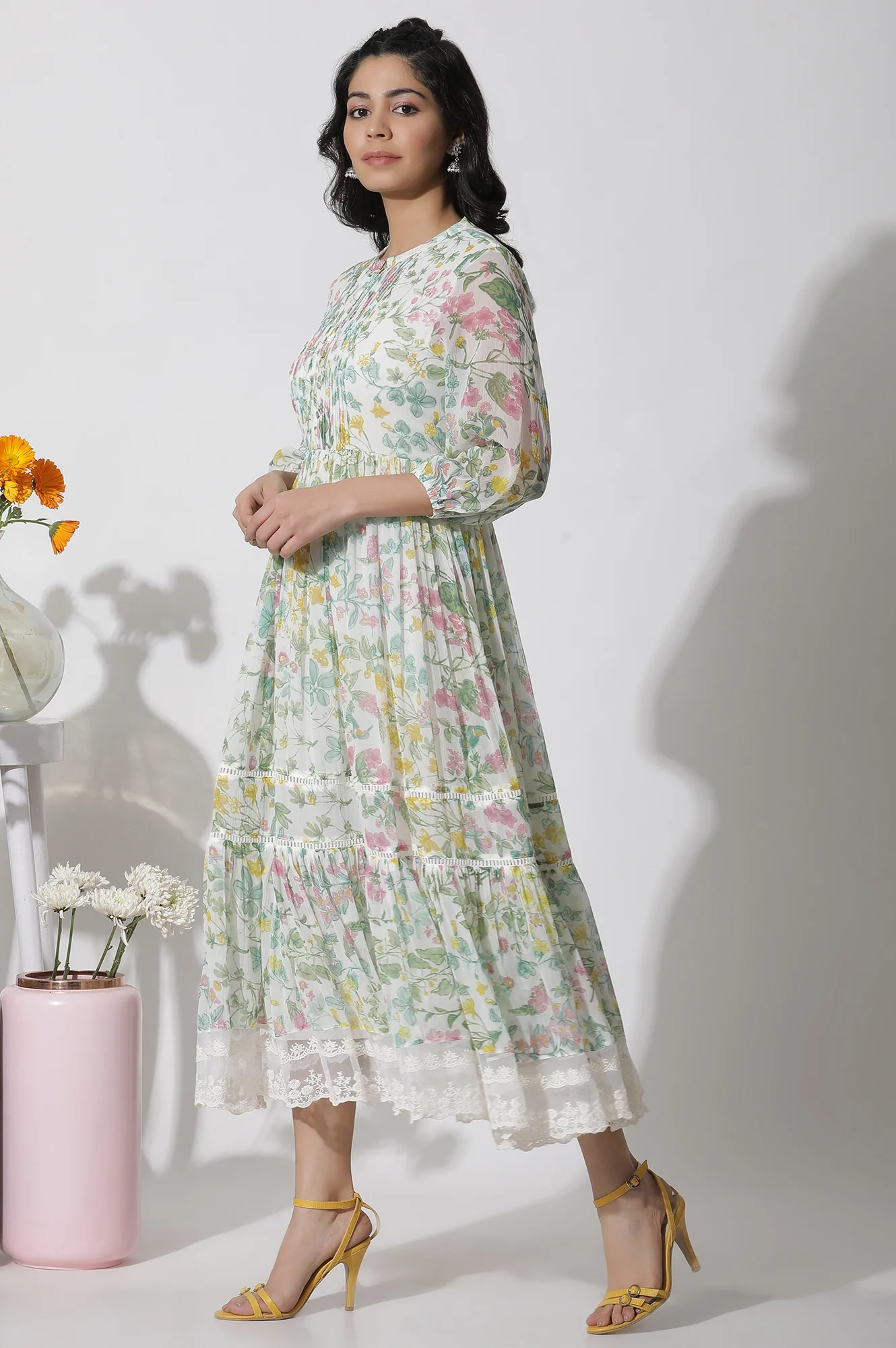 White Floral Printed Chiffon Tiered Dress - Image 3