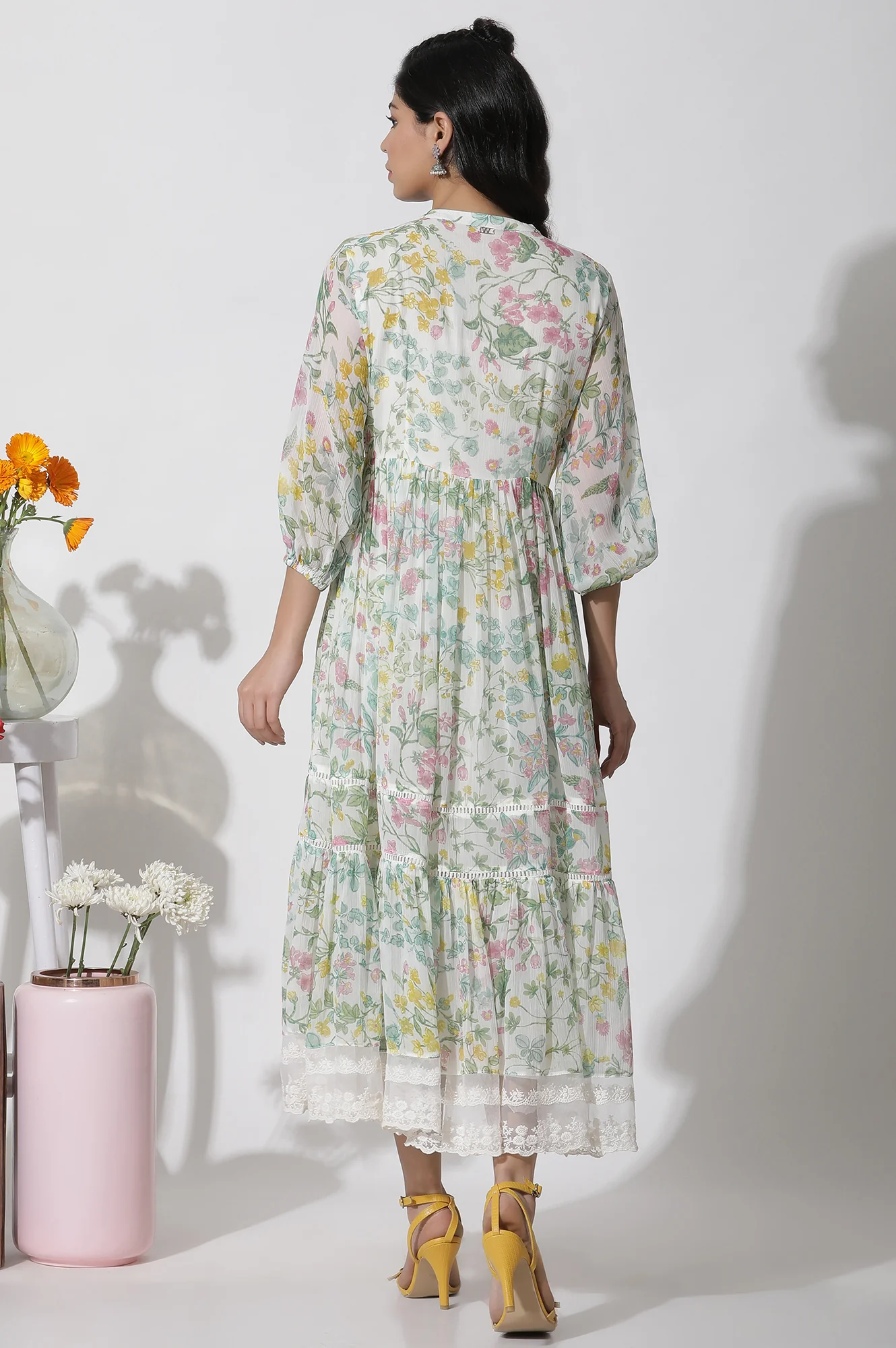 White Floral Printed Chiffon Tiered Dress - Image 4