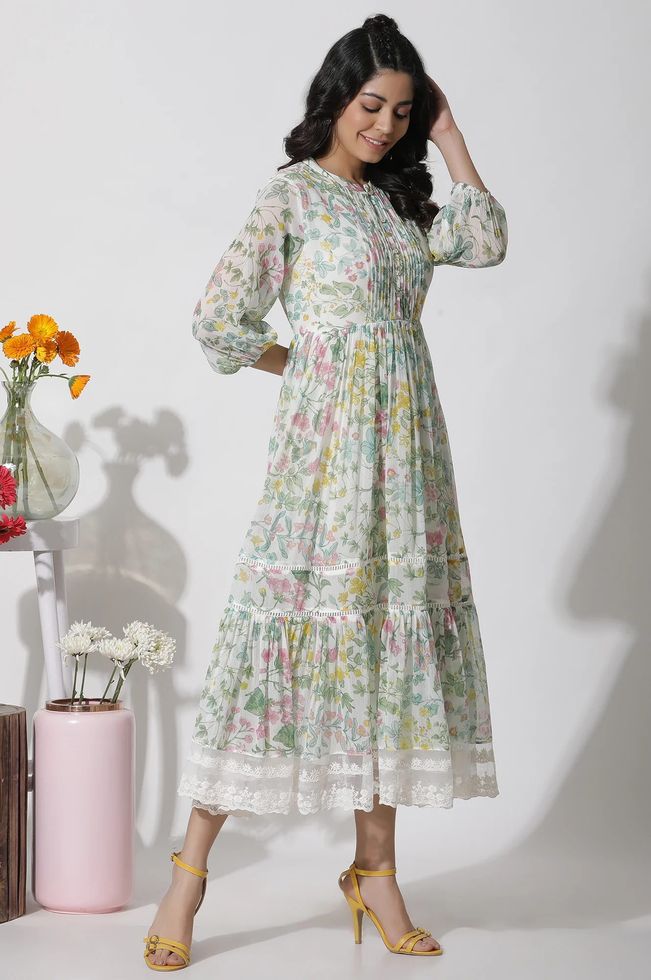 White Floral Printed Chiffon Tiered Dress - Image 5