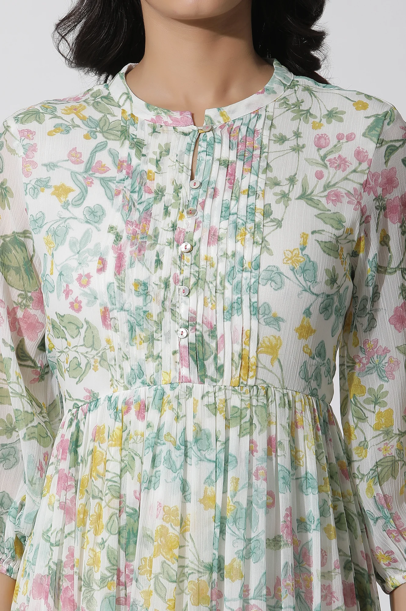 White Floral Printed Chiffon Tiered Dress - Image 6