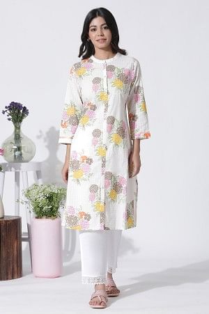 White Floral Printed Cotton Kurta And Straight Pants Set - Image 2