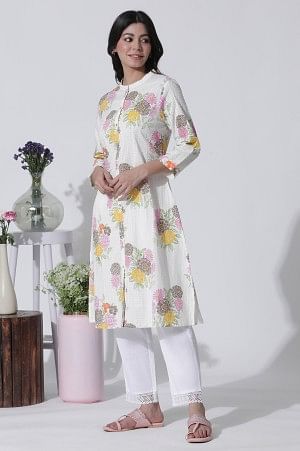 White Floral Printed Cotton Kurta And Straight Pants Set - Image 3