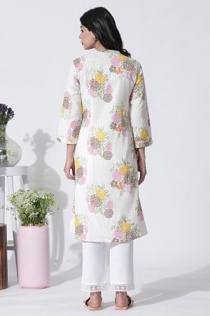 White Floral Printed Cotton Kurta And Straight Pants Set - Image 4