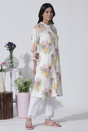 White Floral Printed Cotton Kurta And Straight Pants Set - Image 5