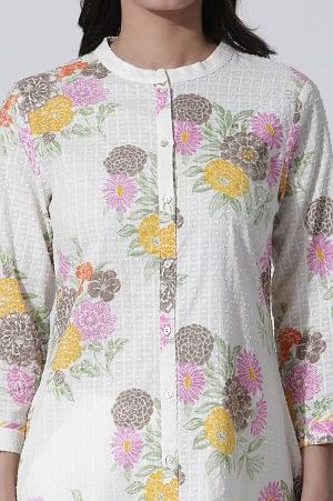 White Floral Printed Cotton Kurta And Straight Pants Set - Image 6