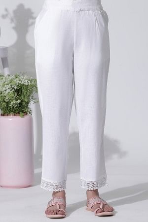 White Floral Printed Cotton Kurta And Straight Pants Set - Image 8