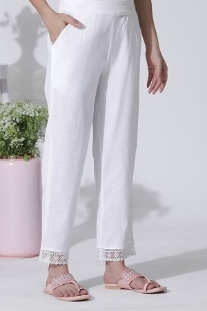 White Floral Printed Cotton Kurta And Straight Pants Set - Image 9