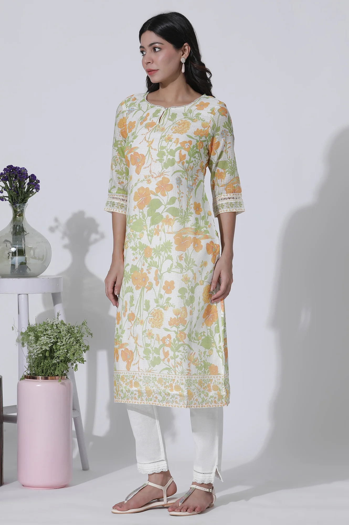 White Floral Printed Cotton Kurta, Pants With Dupatta Set - Image 3