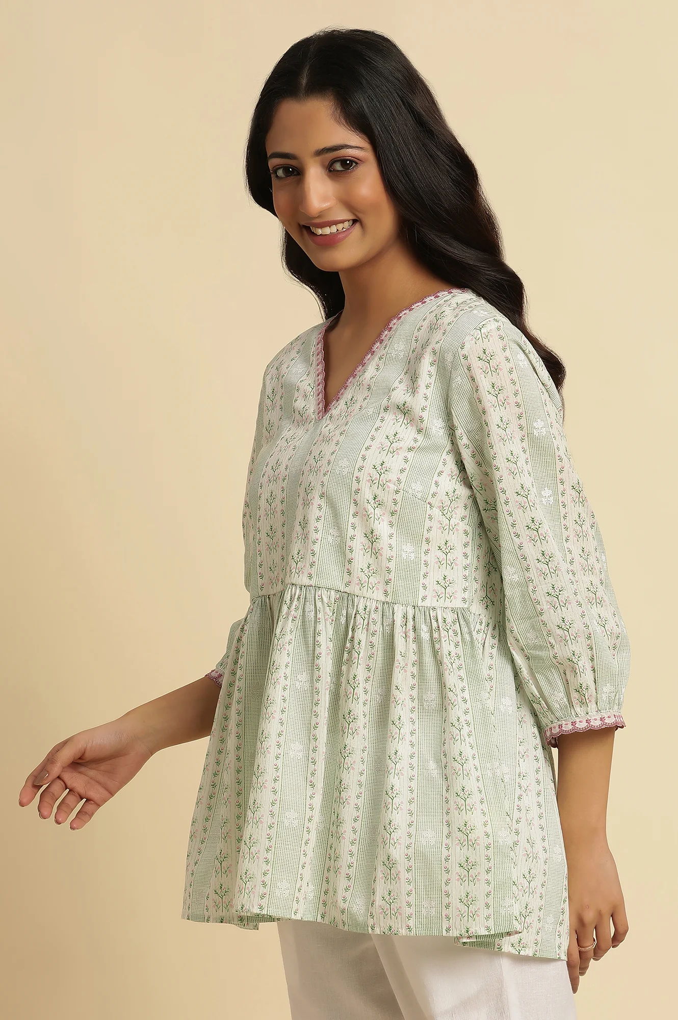 White Floral Printed Gathered Top - Image 2