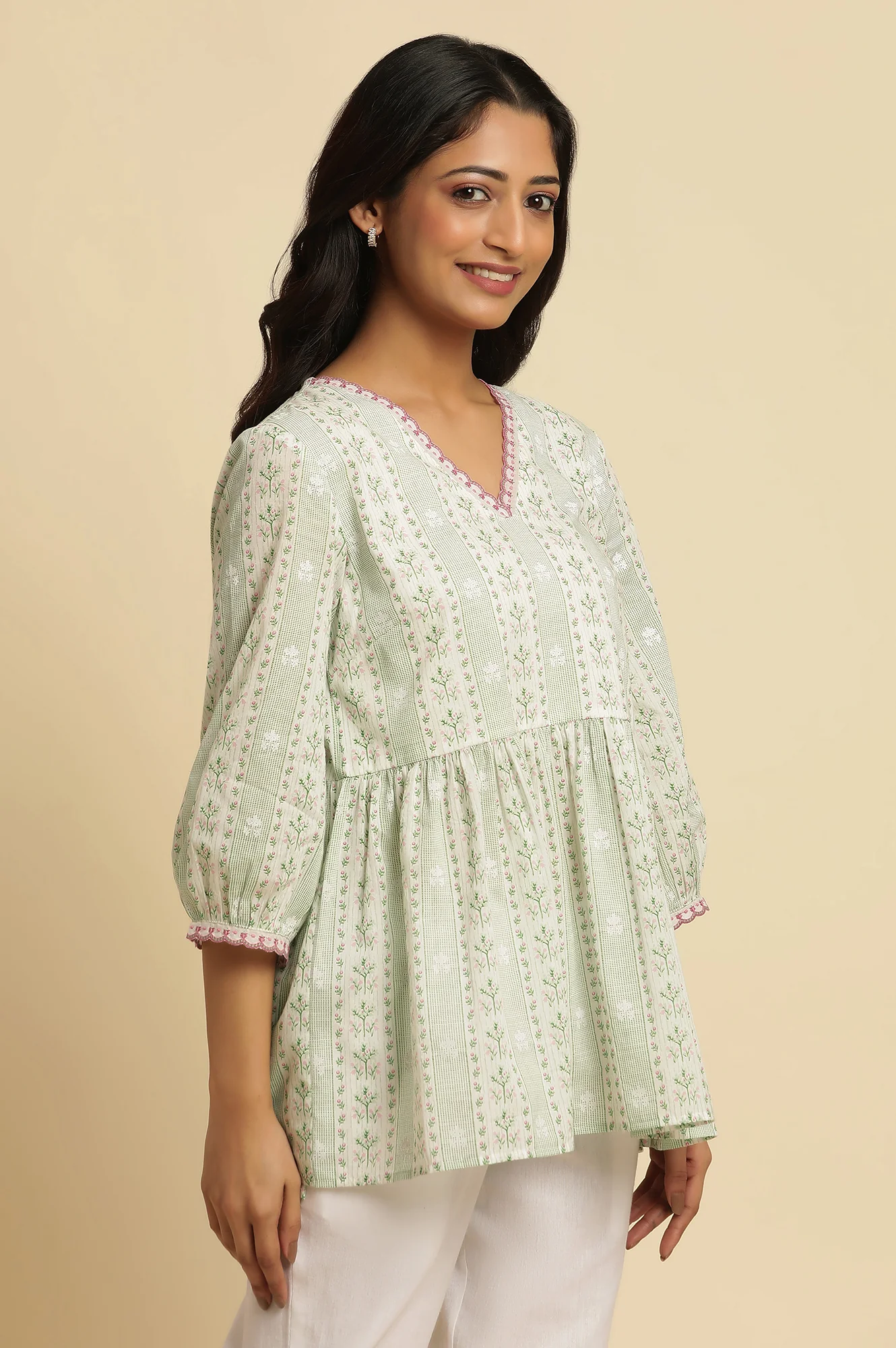 White Floral Printed Gathered Top - Image 4