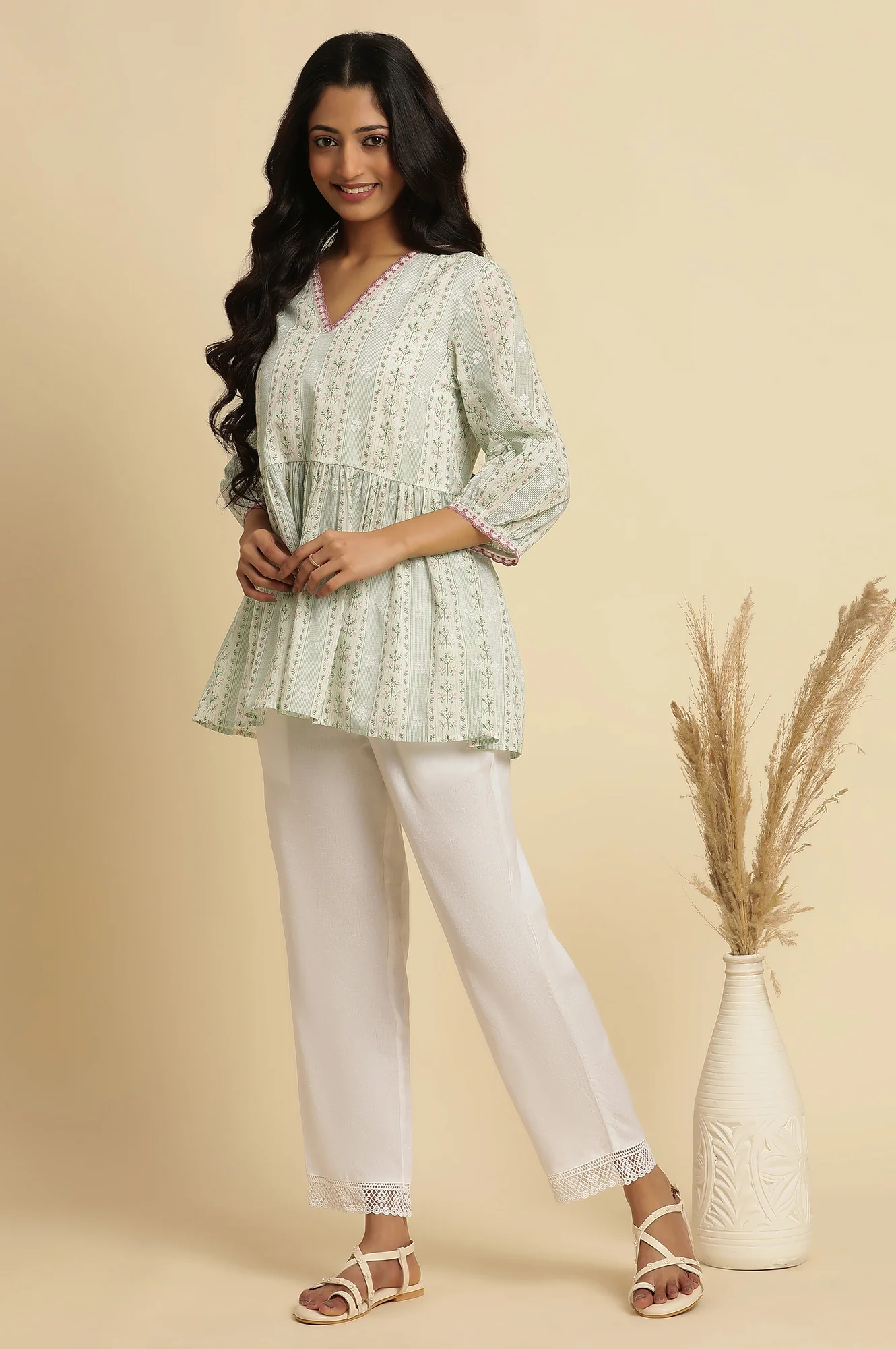 White Floral Printed Gathered Top - Image 5