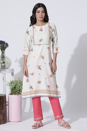 White Floral Printed Rayon Flax Kurta And Slim Pants Set - Image 2