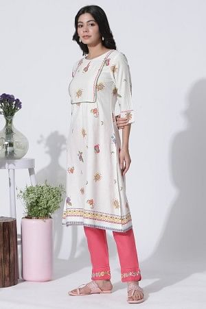 White Floral Printed Rayon Flax Kurta And Slim Pants Set - Image 3