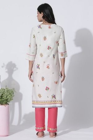 White Floral Printed Rayon Flax Kurta And Slim Pants Set - Image 4