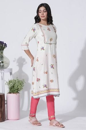 White Floral Printed Rayon Flax Kurta And Slim Pants Set - Image 5