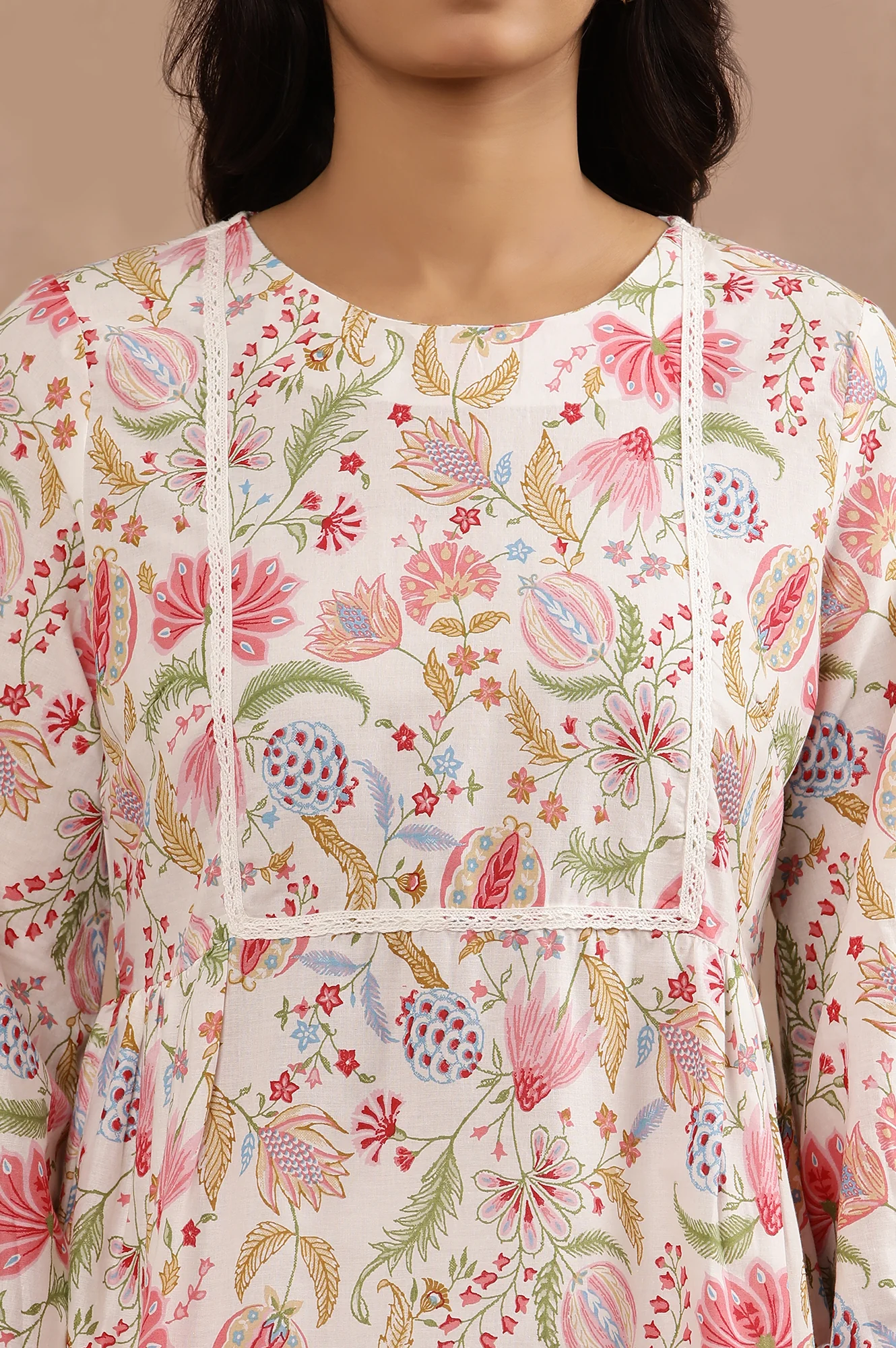 White Floral Printed Pure Cotton Top And Parallel Pants Set - Image 6