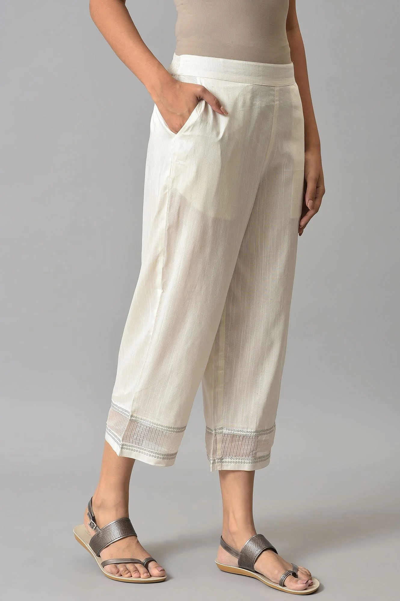 Elleven Women's Off White Solid Wide-leg Cotton Culottes with Sheer Hem Detail - Image 4