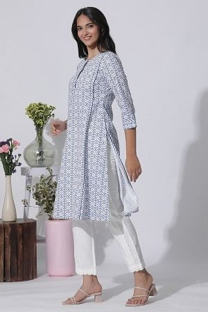 White Geometric Printed Cotton Kurta - Image 3