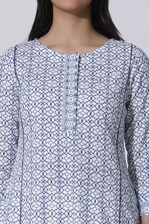 White Geometric Printed Cotton Kurta - Image 6