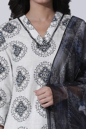 White Geometric Printed V-Neck Cotton Kurta, Salwar With Dupatta Set - Image 6