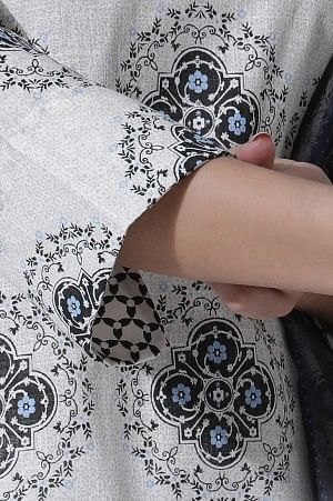 White Geometric Printed V-Neck Cotton Kurta, Salwar With Dupatta Set - Image 7