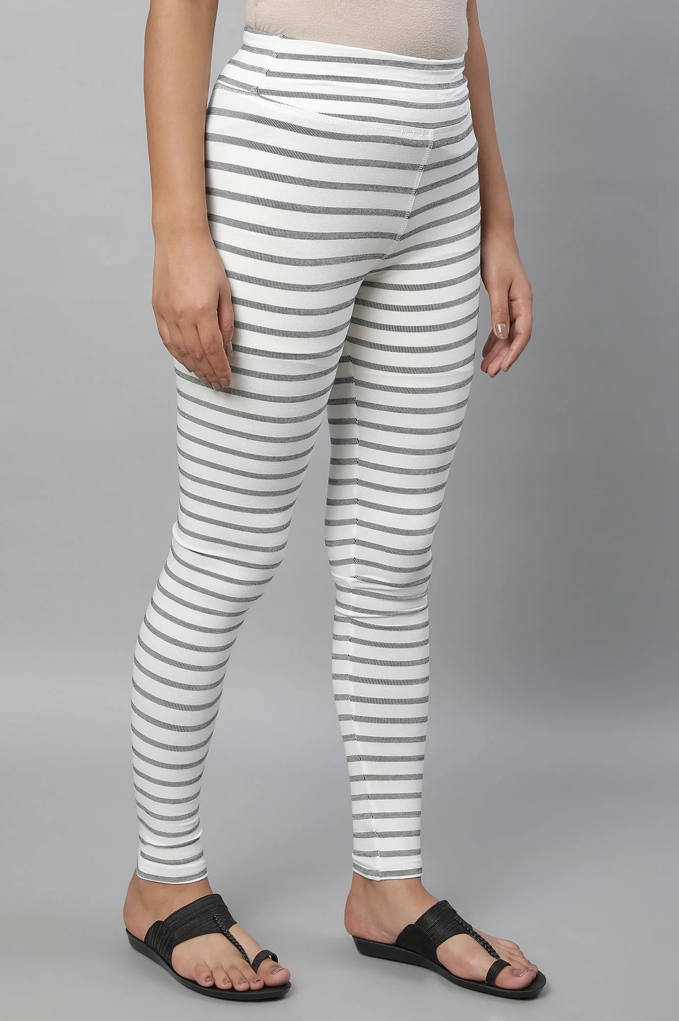 Elleven Women's White Striped Skinny Fit Cotton Tights With High Waistband - Image 4