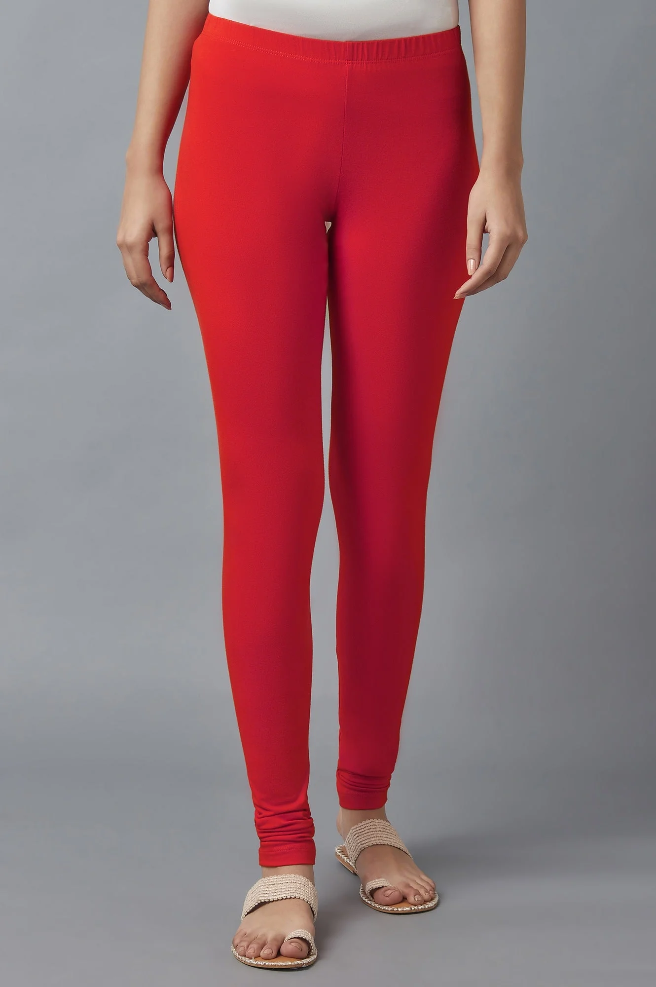 Elleven Women's Red Solid Skinny Fit Cotton Tights With Elasticated Waist