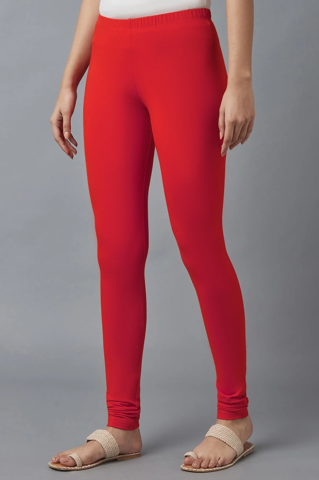 Elleven Women's Red Solid Skinny Fit Cotton Tights With Elasticated Waist - Image 3