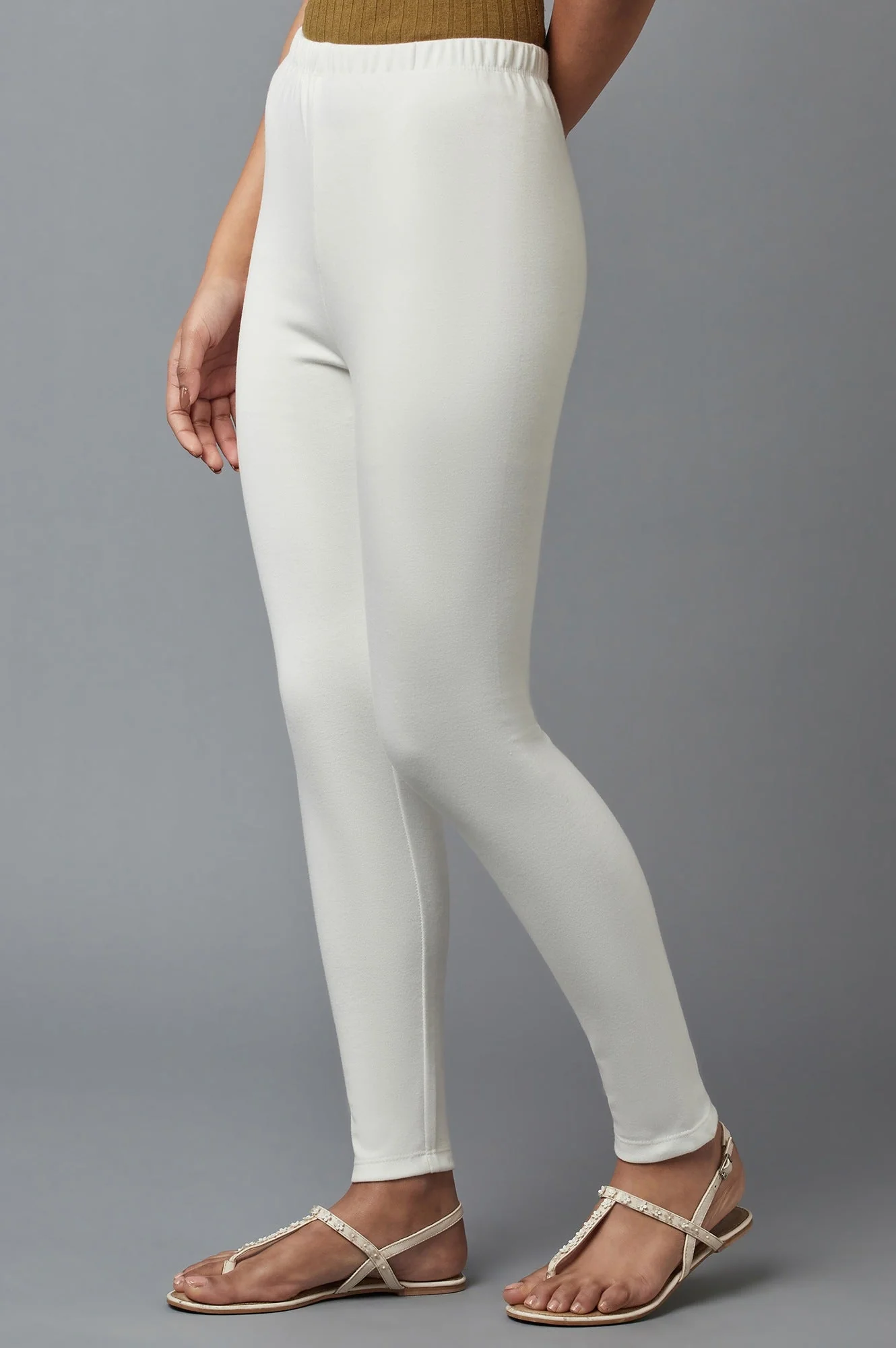 Elleven Women's White Solid Skinny Fit Cotton Tights With Elasticated Waistband - Image 3