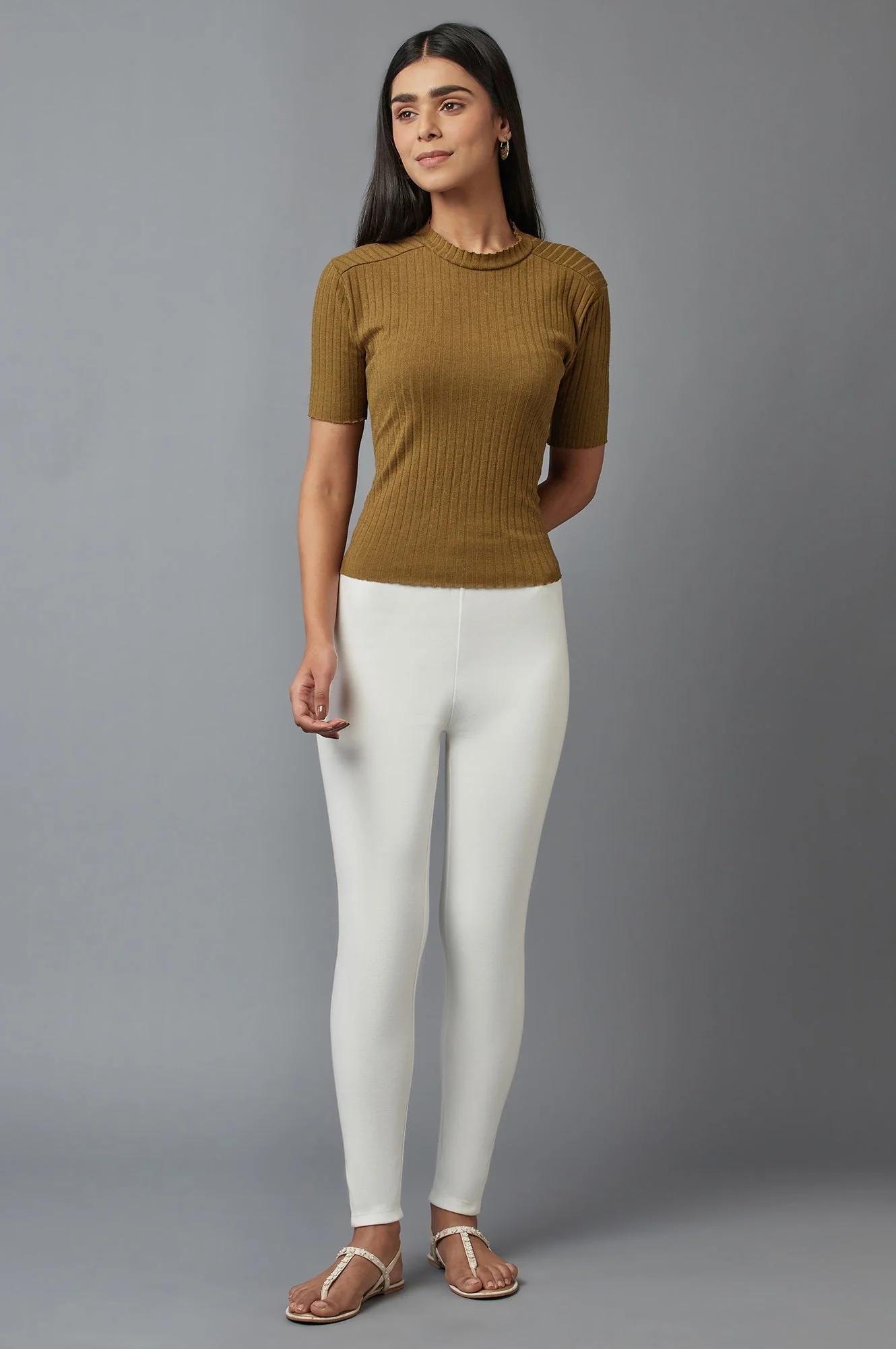 Elleven Women's White Solid Skinny Fit Cotton Tights With Elasticated Waistband - Image 5
