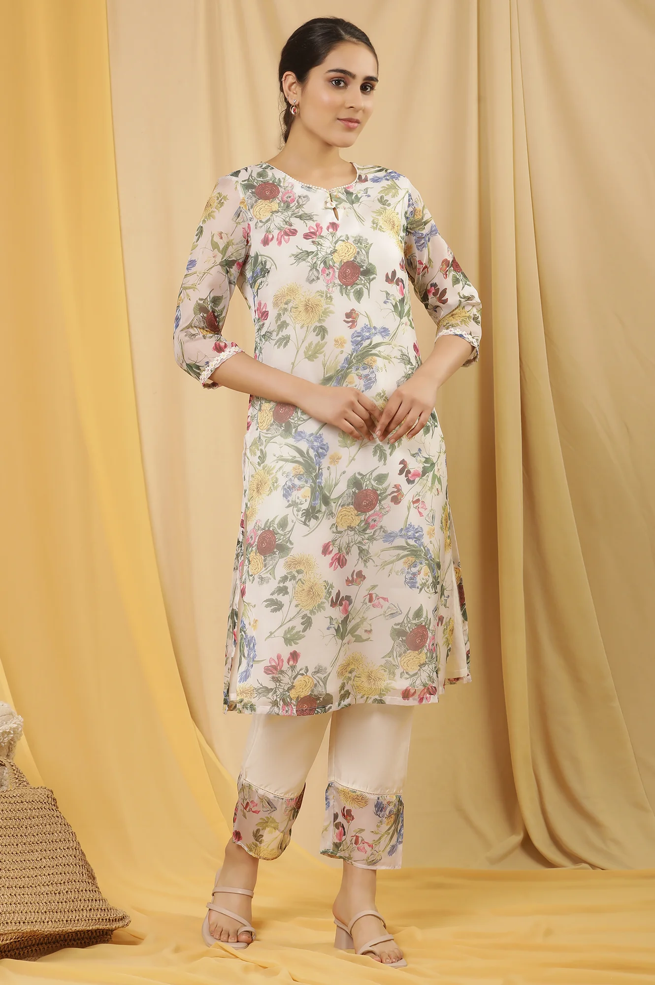 White Layered Organza Floral Printed Kurta - Image 5