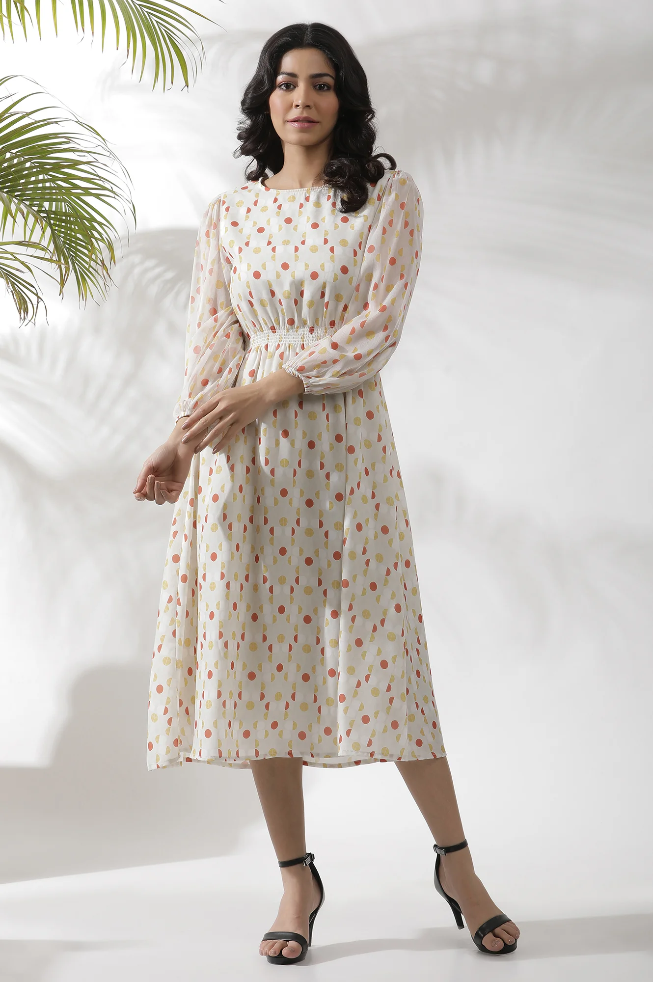 White Polka Dot Printed Gathered Western Dress - Image 2