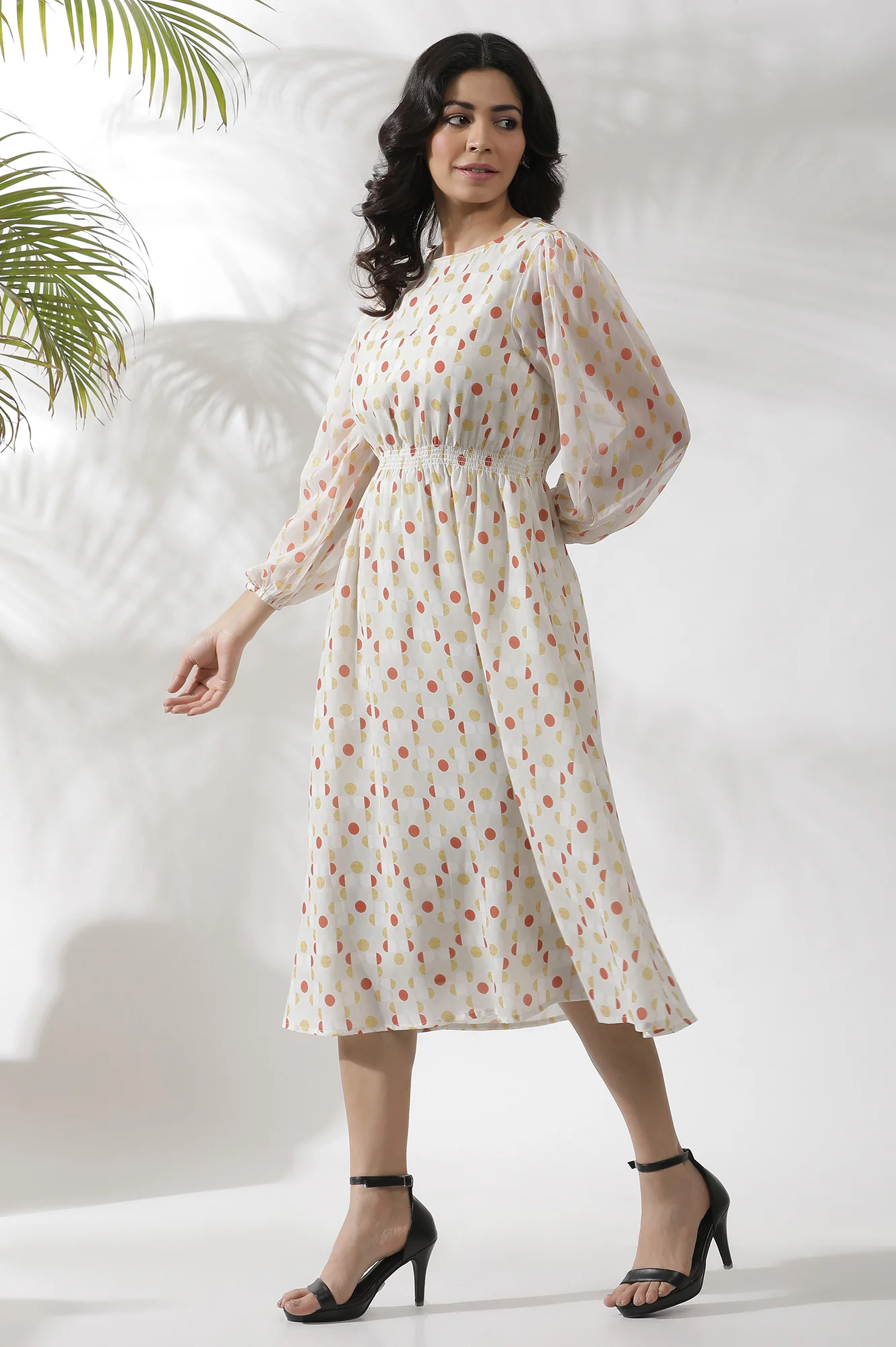 White Polka Dot Printed Gathered Western Dress - Image 3