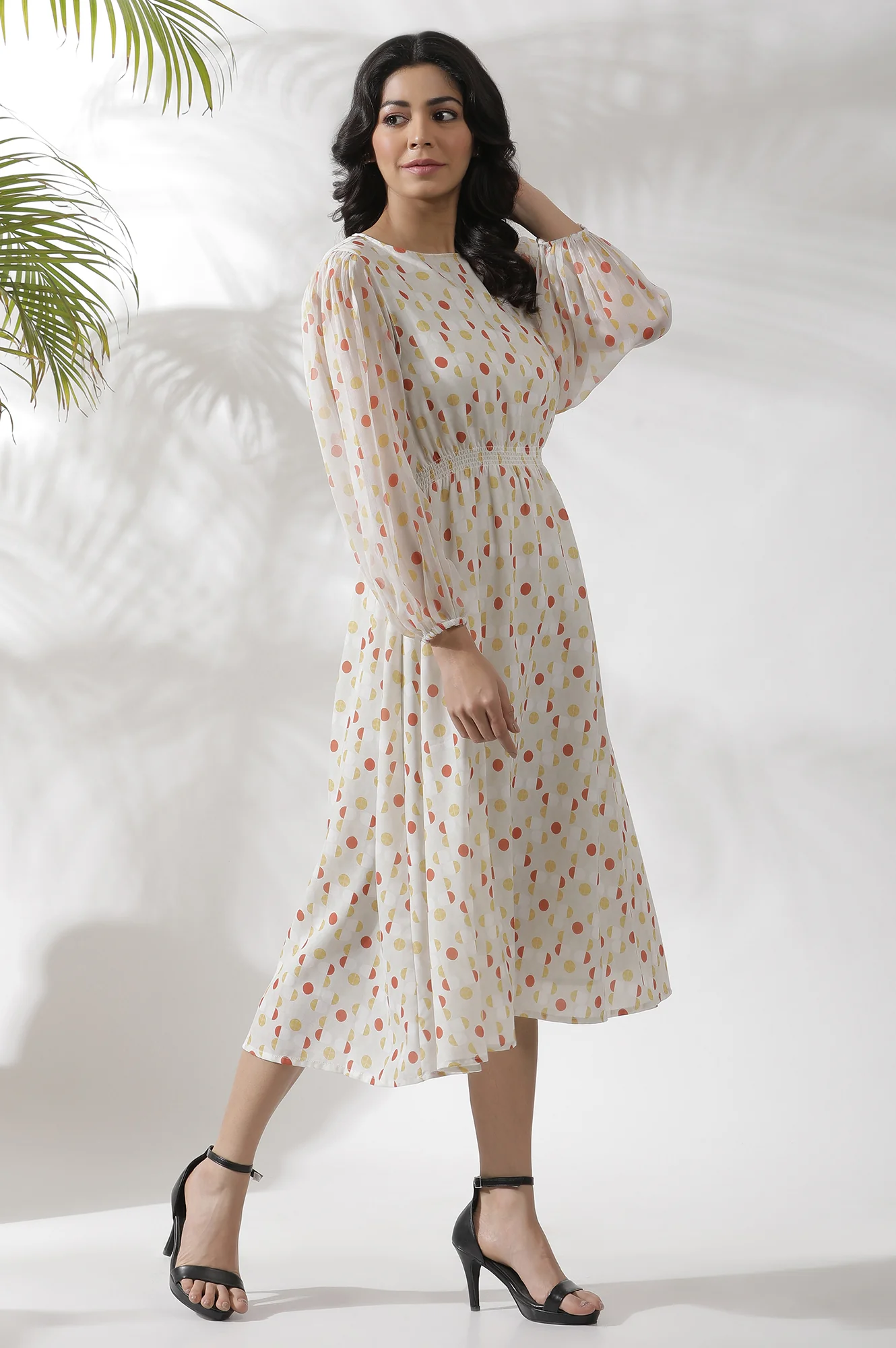 White Polka Dot Printed Gathered Western Dress - Image 5