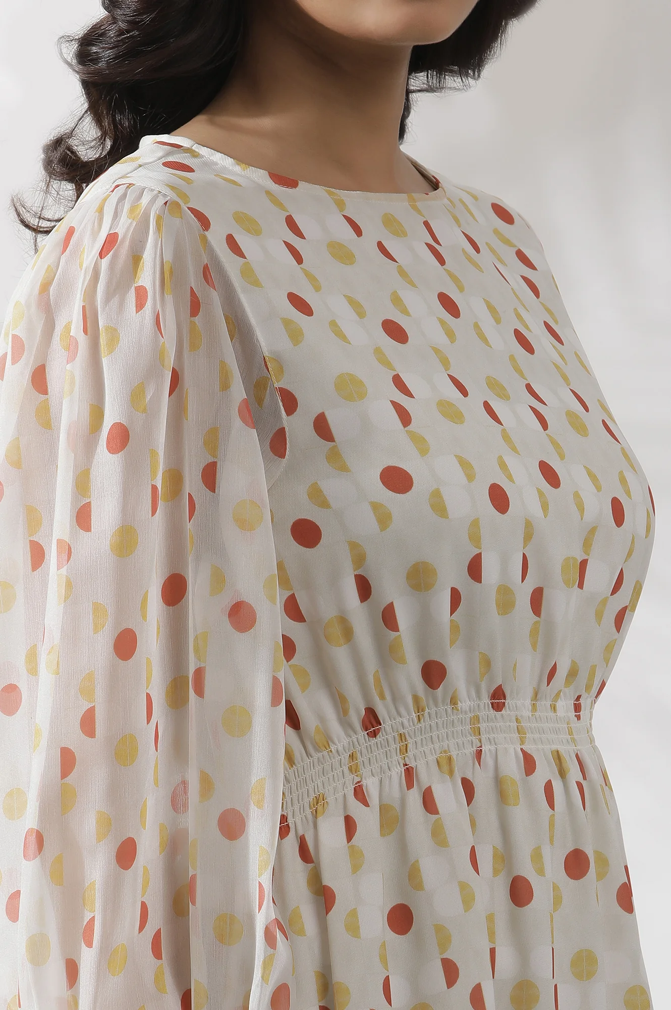 White Polka Dot Printed Gathered Western Dress - Image 7