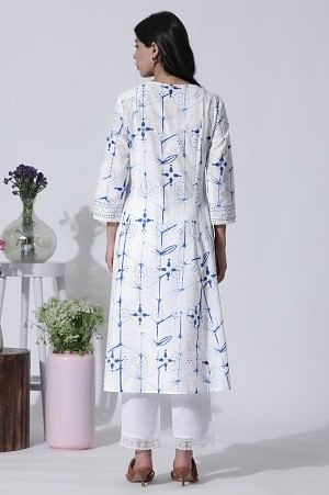 White Printed A-Line Cotton Kurta And Pants Set - Image 8