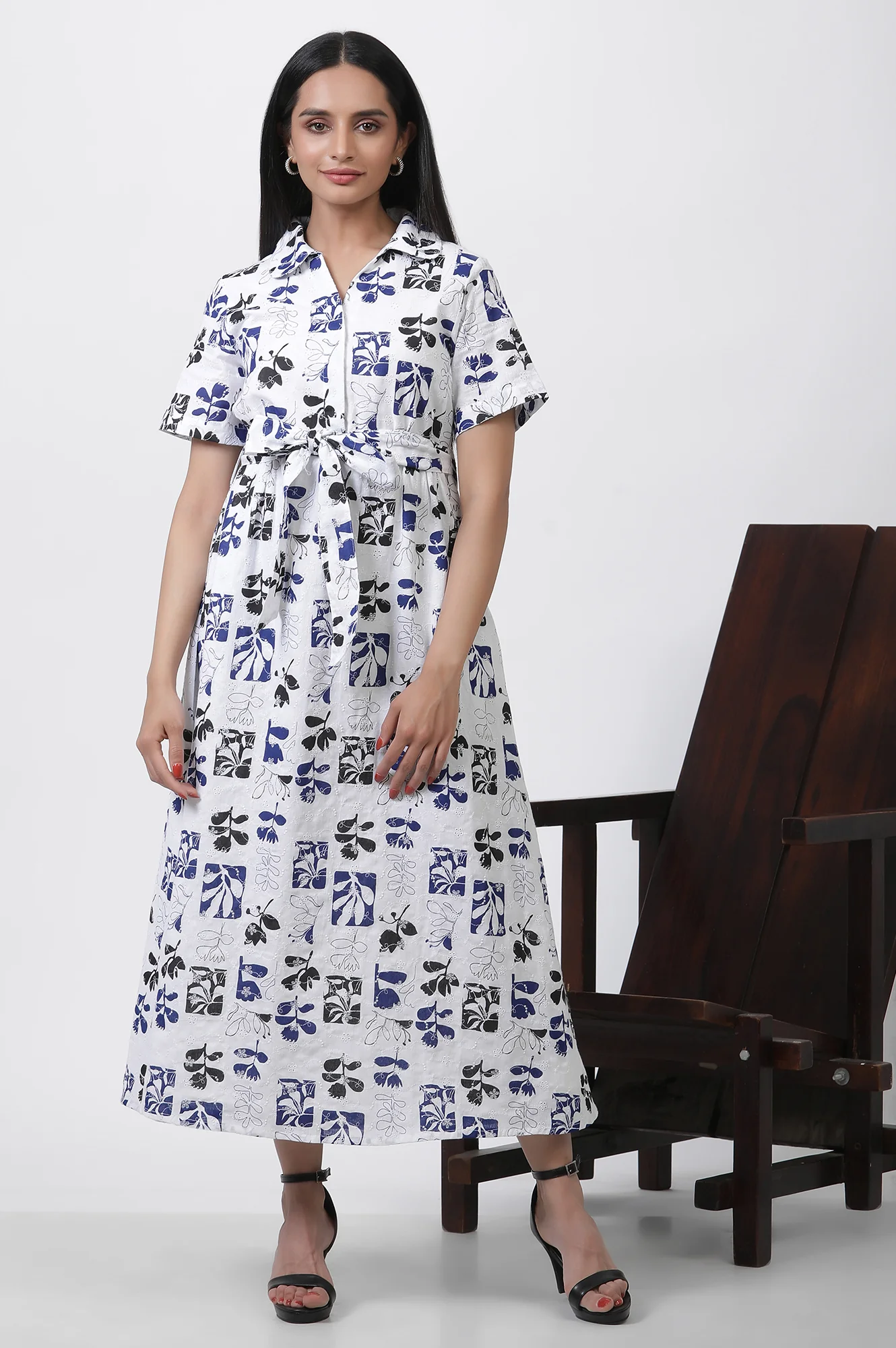 White Printed Cotton Schiffli Long Western Dress - Image 2