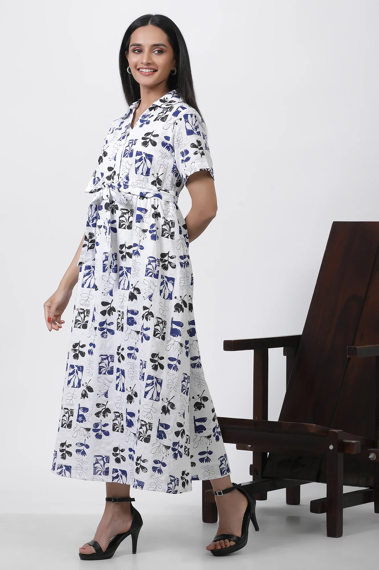 White Printed Cotton Schiffli Long Western Dress - Image 3