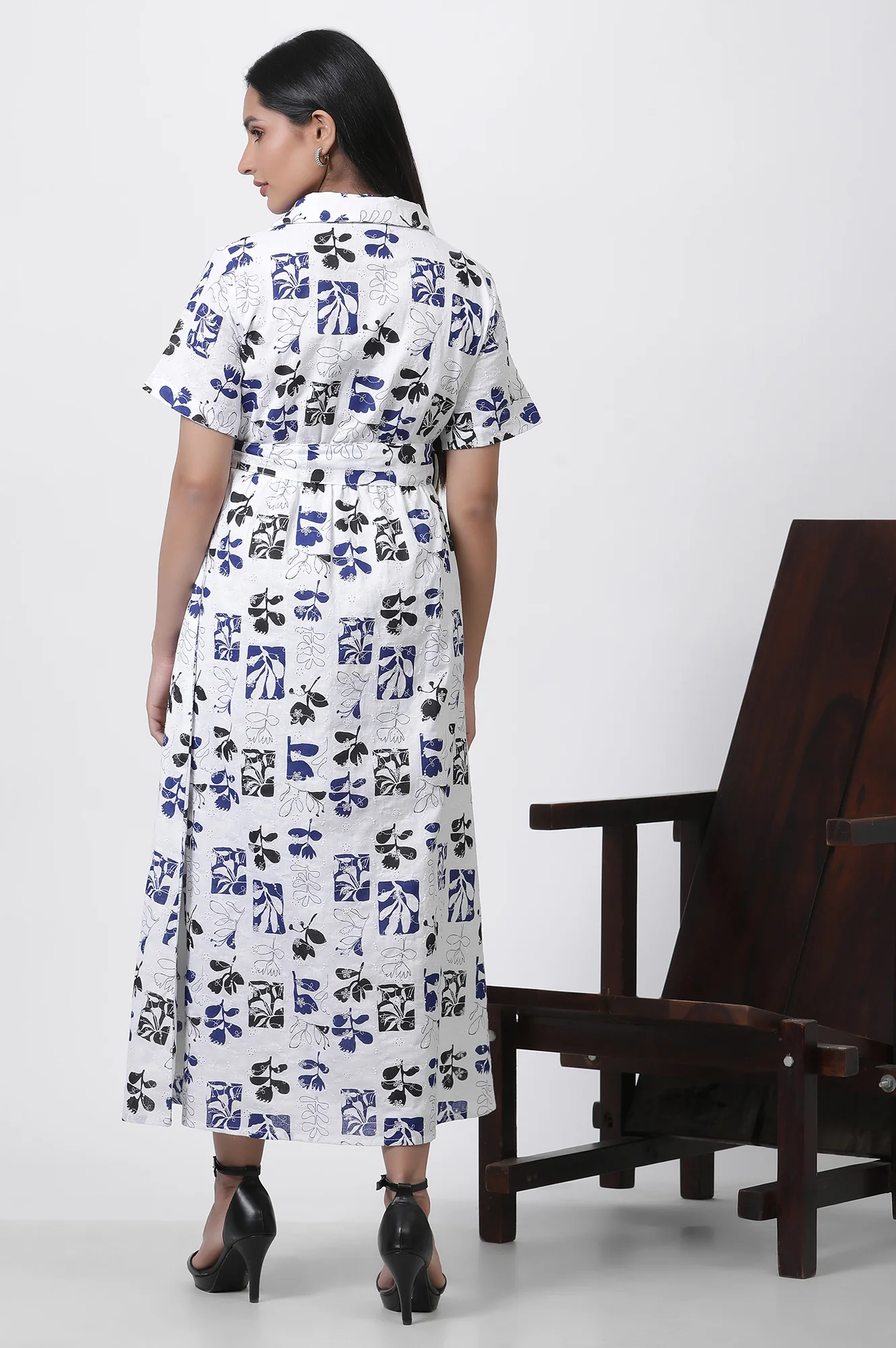 White Printed Cotton Schiffli Long Western Dress - Image 4