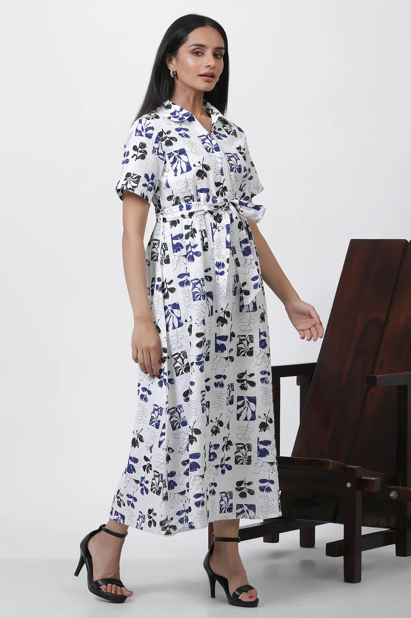 White Printed Cotton Schiffli Long Western Dress - Image 5