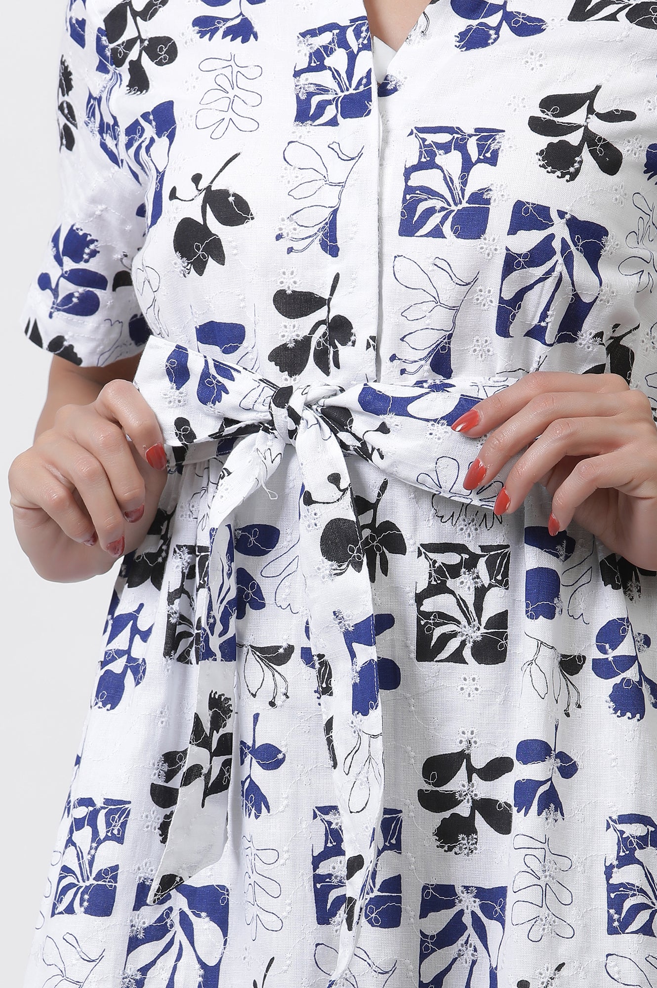 White Printed Cotton Schiffli Long Western Dress - Image 7