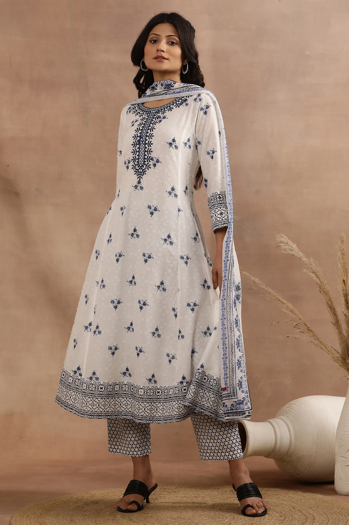 White Printed Flared Kurta, Printed Pants And Dupatta Set - Image 2