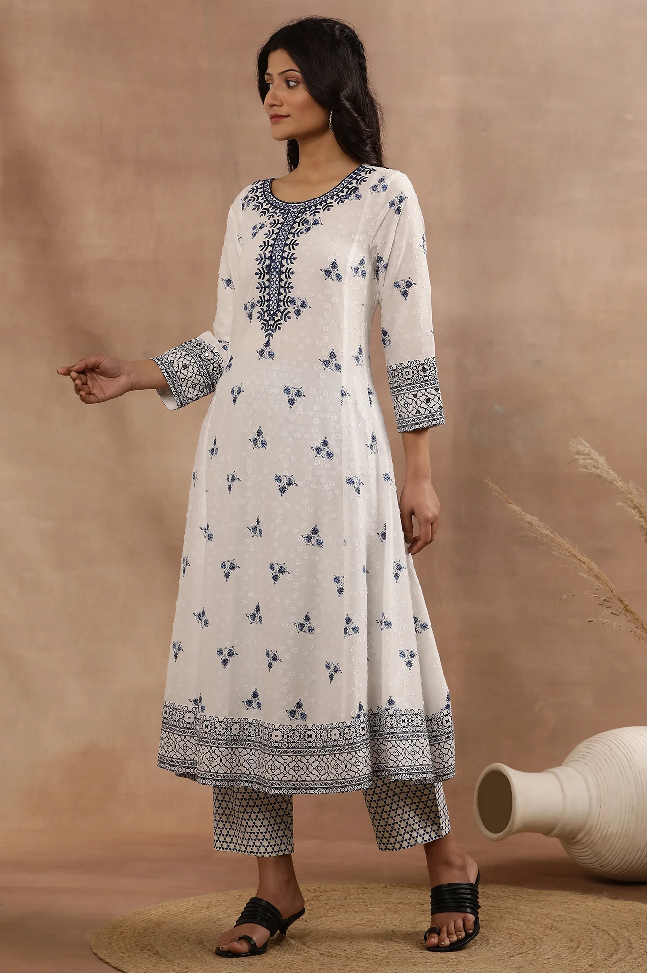 White Printed Flared Kurta, Printed Pants And Dupatta Set - Image 3