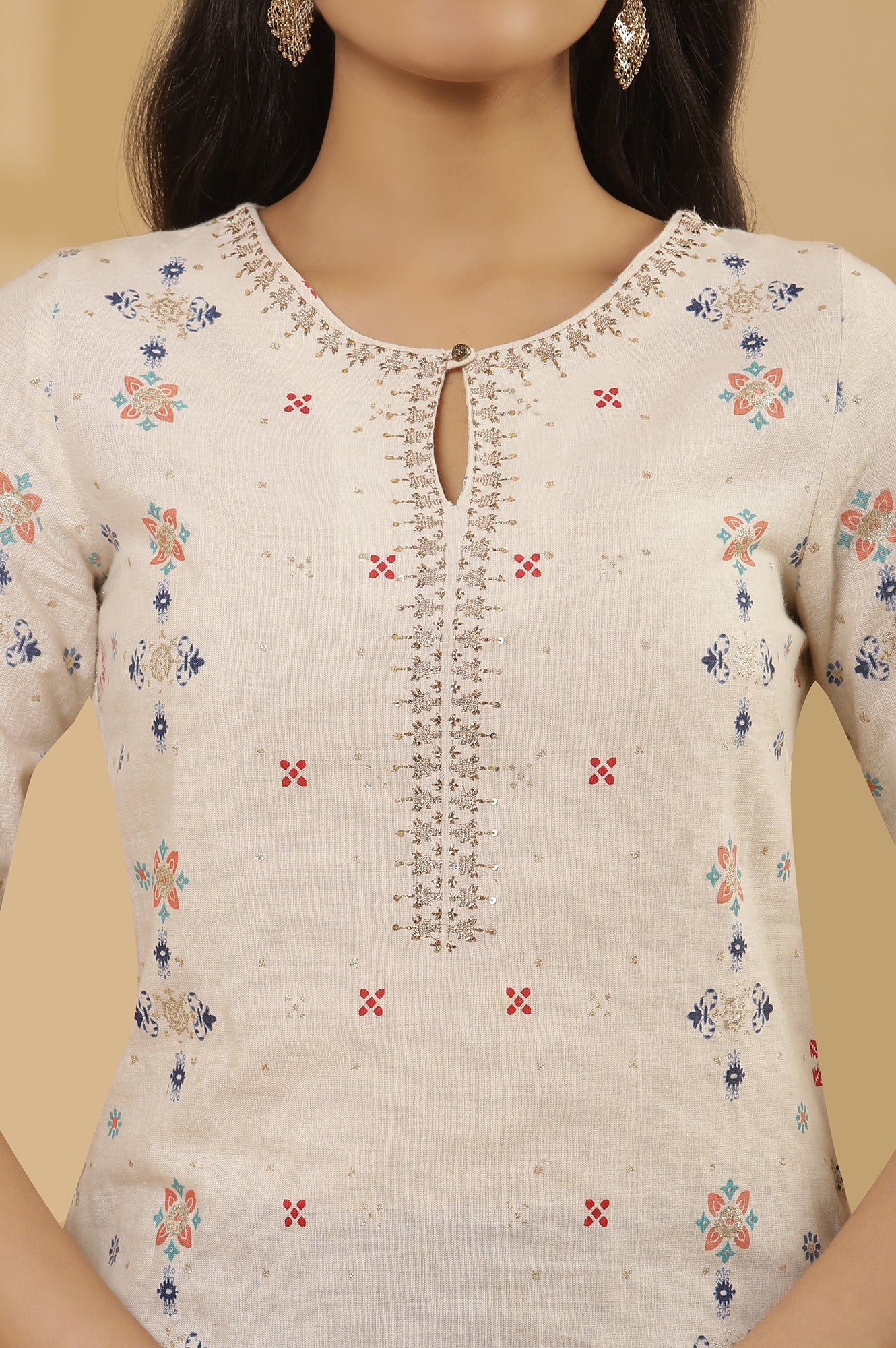 White Printed Straight Kurta And Flared Pants Set - Image 6
