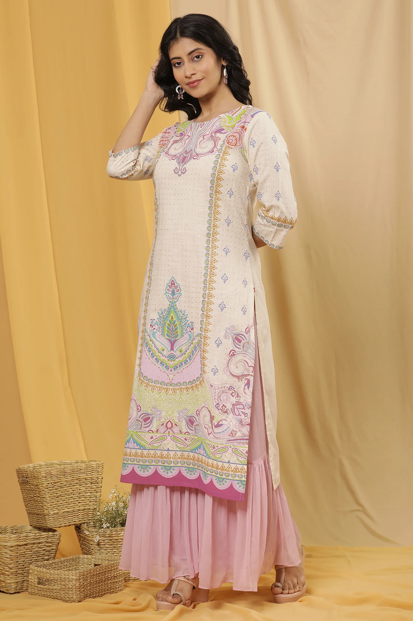 White Printed Pure Cotton Straight Kurta And Sharara Set - Image 3