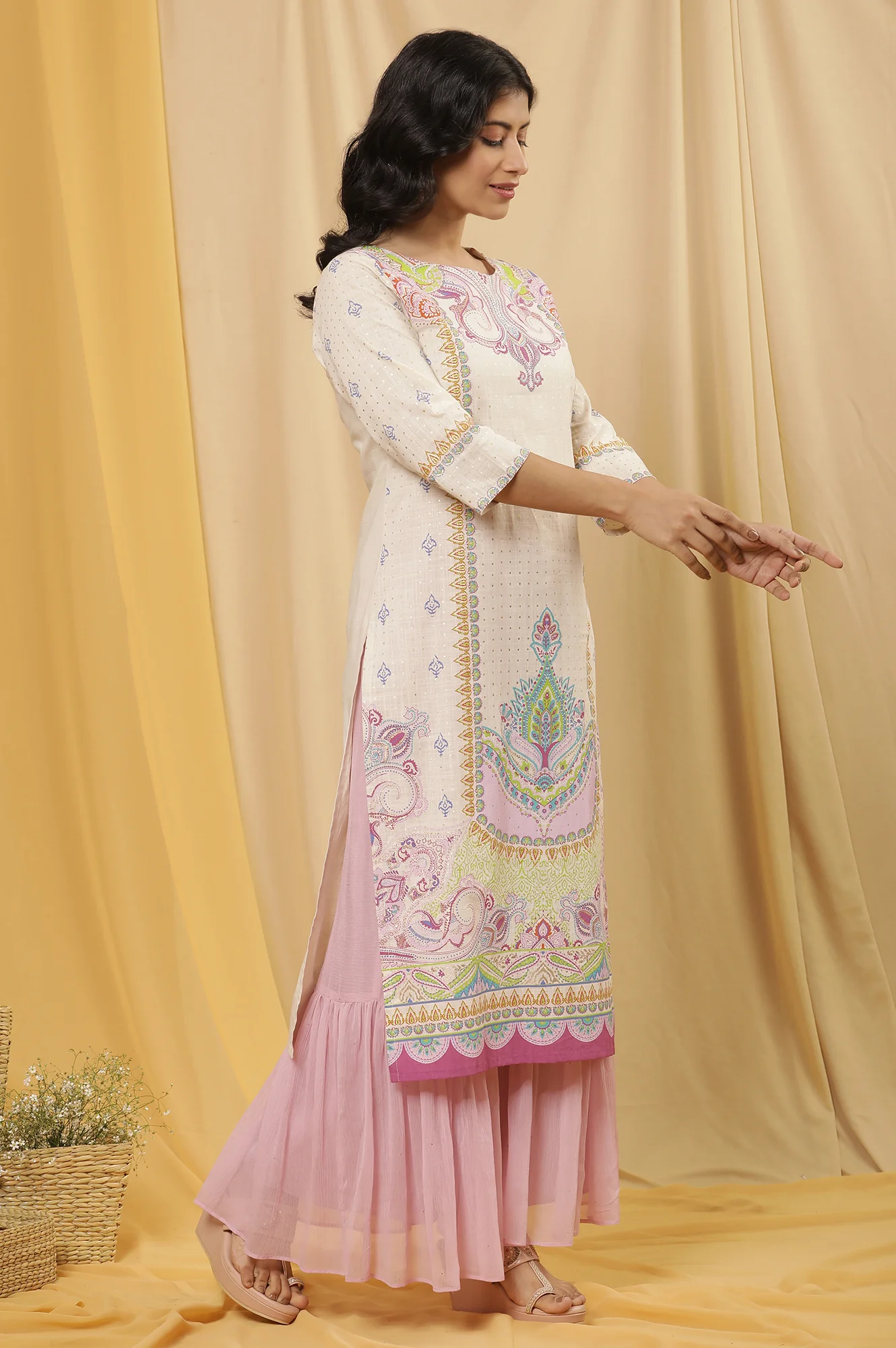White Printed Pure Cotton Straight Kurta And Sharara Set - Image 5